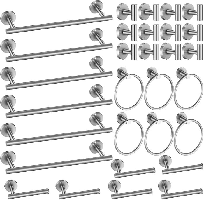 Blulu 30 Pcs Bathroom Hardware Set, 16" Towel Bar, Hook, Ring, Toilet Paper Holder (Brushed Nickel) - Product Image
