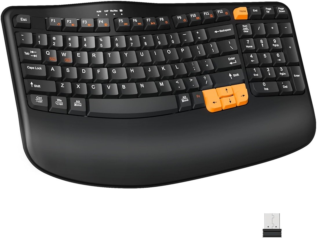 RECCAZR Ergonomic Wireless Keyboard with Wrist Rest, Wave Keys for Comfortable Natural Typing, 2.4GHz Ergo Wireless Computer Keyboard for Windows, Mac OS Laptop/PC/Notebook (Black&Orange) - Product Image