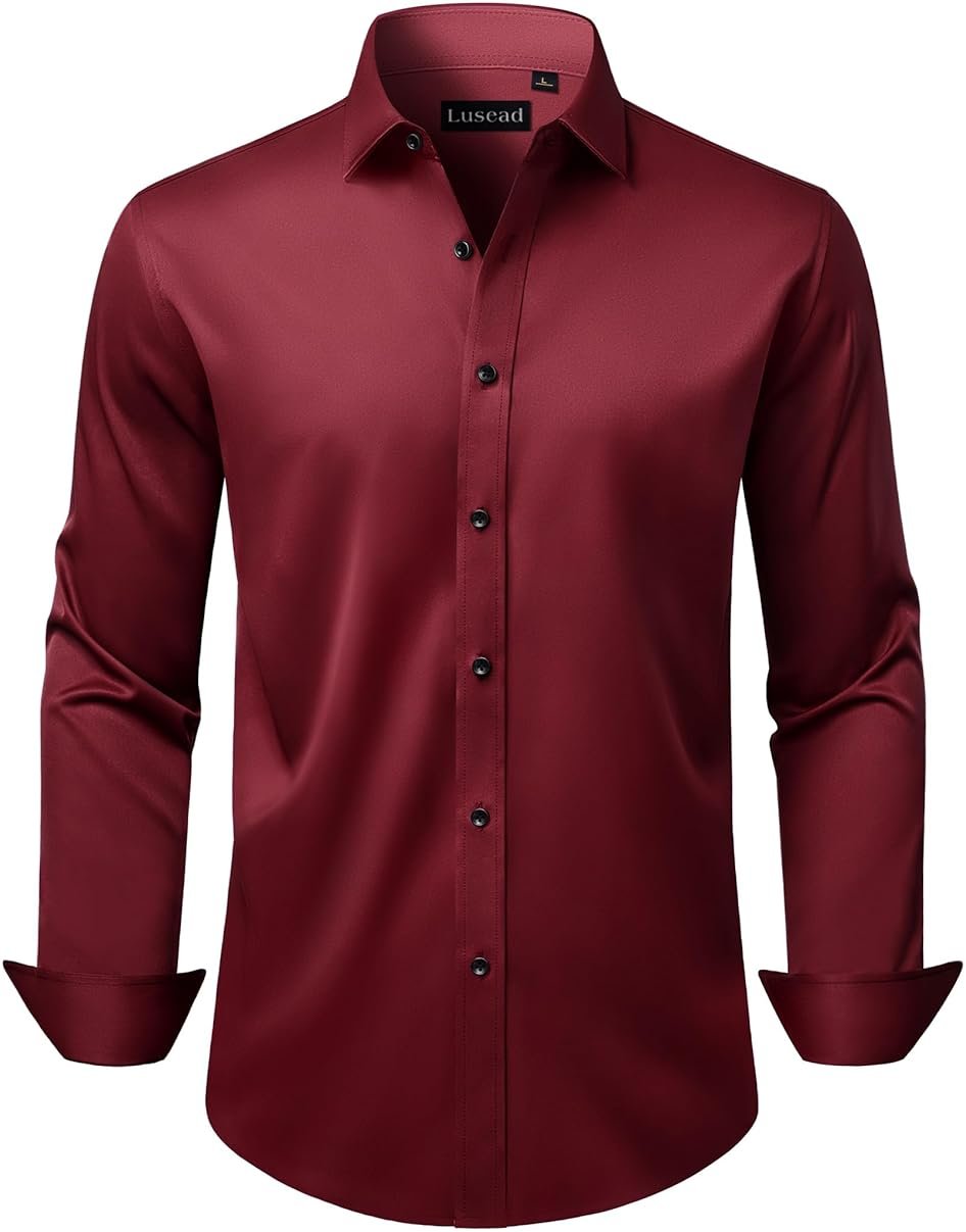 Lusead Men's Dress Shirts Long Sleeve Stretch Wrinkle Free Wedding Formal Business Button Down Shirt - Product Image