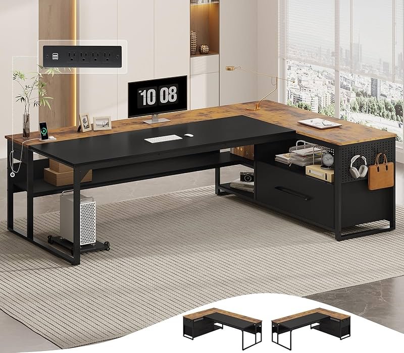 UPOSOJA 71" Executive Desk, Large Office Desk with Widen File Drawers & Power Outlets, Reversible L Shaped Computer Desk Corner Desk with Storage Shelves, CPU Stand, Hooks, Business Furniture - Product Image
