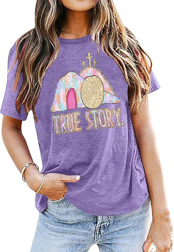 Easter Shirt Women True Story of Jesus T-Shirt Christian Gift Retro Faith Religious Casual Tee Top - Product Image