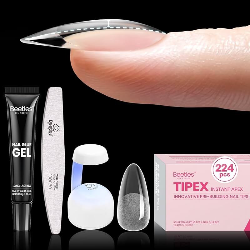 Beetles Tipex Instant Apex Nail Tips Kit, Medium Almond, 224PCS 16 Sizes 00-14, No Builder Gel Needed, 20g Solid Nail Glue, Mini UV Lamp - Product Image