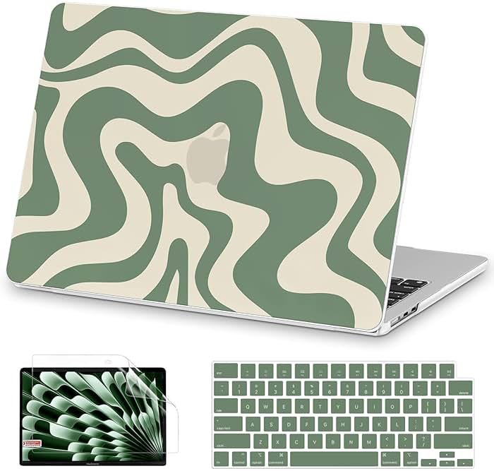 AKIT Compatible with MacBook Air 15 Inch Case 2026 2025-2023 M5 M4 M3 M2 A3448 A3241 A3114 A2941, Unique Pattern Hard Shell Laptop Case+Keyboard Cover+Screen Protector for Mac Air 15 Inch, Green Wave - Product Image
