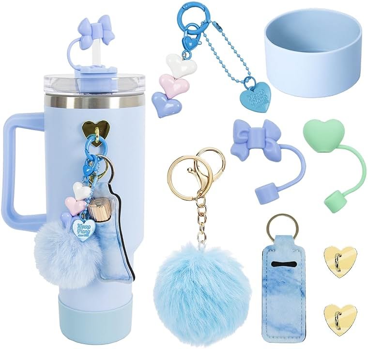 HZPOINTONE Stanley Cup Accessories Set,14-Piece Silicone Bundle for 30oz & 40oz Cups,Silicone Ring,Straw Covers,3 Decorative Charms,Water Bottle Handle Strap - Product Image