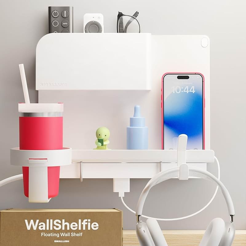 WallShelfie Bedside Wall Organizer & Dorm Decor - Dorm Room Essential, Floating Bedside Shelf Wall Mount Organizer, Remote Control Holder, Cool Teen Girls Trendy Stuff, Room Organization (White) - Product Image