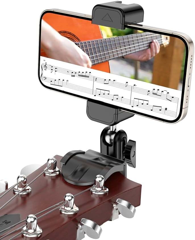 Guitar Head Phone Holder Mount, for Viewing Sheet Music and Recording Videos, 360° Rotating Guitar Accessories and Stuff, for 4.7-6.5" Smartphones, Gifts for Men Guitar Players, Fits Guitar/Bass - Product Image
