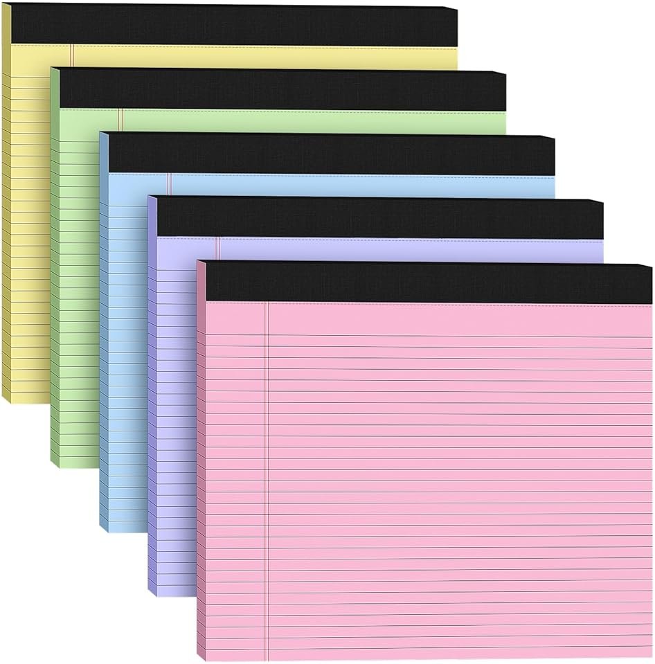 5 Pack Wide Legal Pads 11" x 9.5" Landscape Pink Purple Blue Green Yellow College Ruled Note Pad Narrow Ruled 30 Sheets per Notepad Perforated Writing Paper Thick Backboard Horizontal Pads of Paper - Product Image