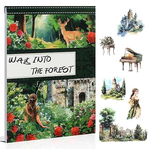 Dwpetzo Forest Woodland Castle Scenery Sticker Book for Journaling, 20 Sheets Precut PET Washi Materials Ephemera Stickers for Junk Journal Supplies, Scrapbooking, DIY Crafts Arts - Product Image
