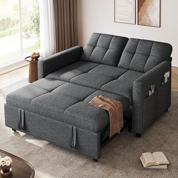 YITAHOME 55" Convertible Sofa Bed, 3-in-1 Sleeper Sofa with Iron Frame Pull-Out Bed, Linen Futon Couch with Reclining Backrest and Side Pocket, Modern Loveseat for Living Room Bedroom Apartment, Grey - Product Image