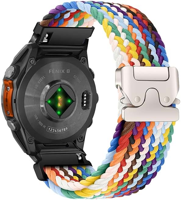 Nylon Braided Watch Band for Garmin Quatix 8/Tactix 8 / Fenix 8 Pro/Fenix 8 (51 mm)/Fenix 7X Pro Solar/7X Pro/7X Solar, Secure Parachute-Style Buckle Strap for Garmin QuickFit 26mm, Rainbow - Product Image