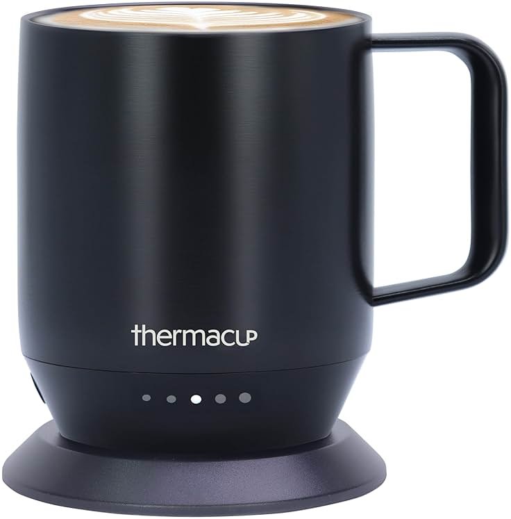 THERMACUP Premium Self Heating Coffee Mug, Temperature Controlled Heated Cup, Long Battery Life, Portable Electric Mug Warmer, Stainless Steel, Gift for Coffee Lovers, Home & Office (Black) - Product Image