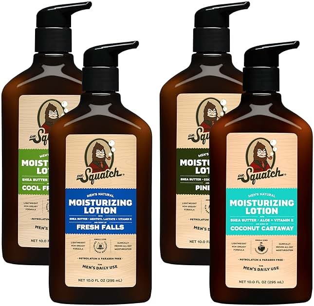 Dr. Squatch Natural Hand and Body Lotion for Men - Made with Shea Butter, Coconut Oil, Vitamin E for 24-Hr Moisturization - Pine Tar, Fresh Falls, Coconut Castaway & Cool Fresh Aloe (10 fl oz, 4-Pack) - Product Image