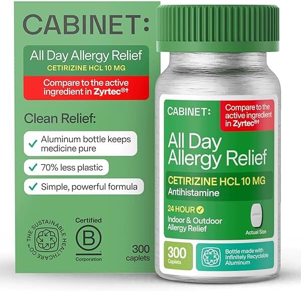 Cabinet: Cetirizine Hcl 10mg Allergy Relief Tablets | Non-Drowsy Antihistamine for 24-Hour Indoor & Outdoor (Aluminum - 300 Count) - Product Image