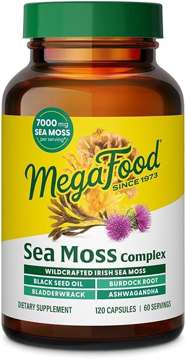 MegaFood Sea Moss Complex - Irish Sea Moss 7000mg Per Serving Plus Black Seed Oil, Burdock Root, Bladderwrack & Ashwagandha - Vegan Gut Health & Immune Support Supplement, 120 Capsules, 60 Servings - Product Image