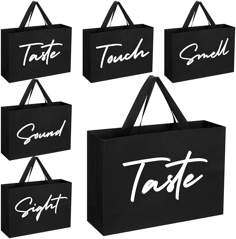 Kolldenn 5 Senses Gift Bags for Him Her with Ribbon Handles Sight Smell Touch Taste Sound Paper Gift Bags for Men Women Birthday Valentine Wedding Anniversary Party(Black,12.6 x 8.7 x 4 Inches) - Product Image