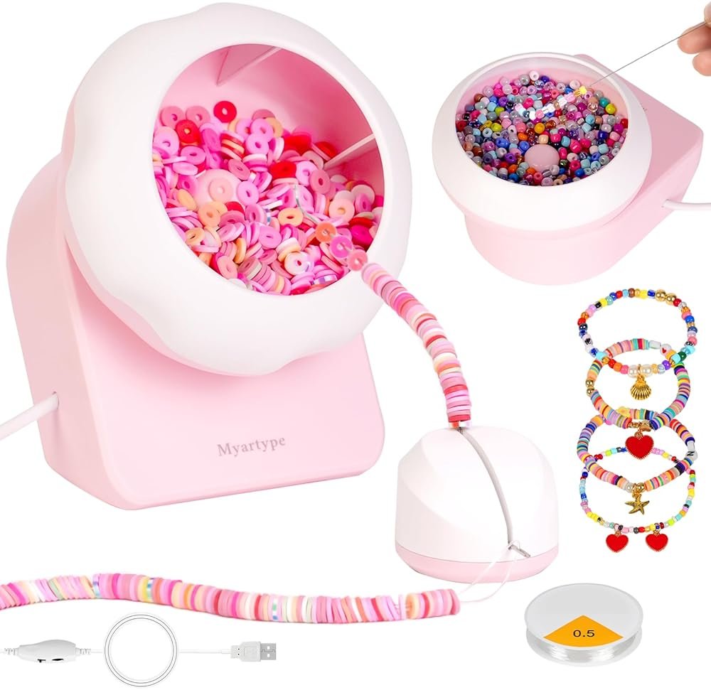 Myartype Clay Bead Spinner and Seed Bead Spinner, 2-in-1 Electric Bead Spinner for Jewelry Making, Bracelet Spinner and Necklace Making Machine with Needles and Thread (Pink), (Beads Not Included) - Product Image