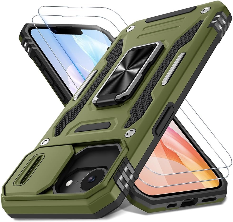 DEERLAMN Case for iPhone 17e/iPhone 16e 6.1-Inch with Slide Camera Cover+Screen Protector (2 Packs), Rotated Ring Kickstand Military Grade Shockproof Protective Cover-Olive Green - Product Image
