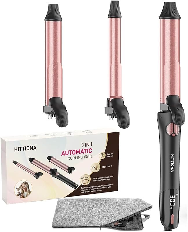 Rotating Curling Iron - 3 in1 Automatic Curling Iron with Interchangeable CurlingWand, 3/4, 1 1/4, 1 Inch CurlingIron for Lasting Beach Waves, Adjustable Temp, Instant Heat, Dual Voltage (Black) - Product Image