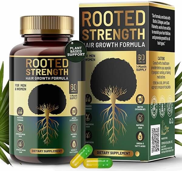 Rooted Strength Hair Growth Vitamins – Hair Vitamins for Black Women & Men with DHT Blocker & Collagen, Advanced Biotin for Hair Growth Women, 60 Capsules, 1-Month Supply, for Thicker, Stronger Hair - Product Image