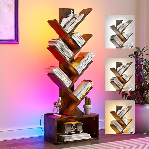 Evermagin 6 Tier Tree Bookshelf with Lights, LED Book Tree Bookcase with Storage Organizer, Small Corner Bookshelf Floor Standing Book Shelf for Living Room, Bedroom & Home Office, Rustic Brown - Product Image
