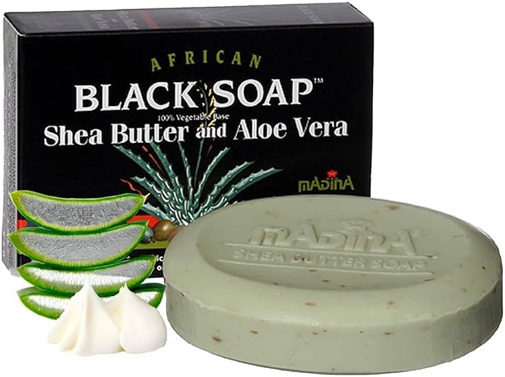 Madina African Black Soap Bar – Shea Butter, Aloe Vera, Moisturizing, Gentle Exfoliating, 100% Vegetable-Based, For All Skin Types, Face & Body Cleanser, 6 Pack (3.5 oz Each) - Product Image