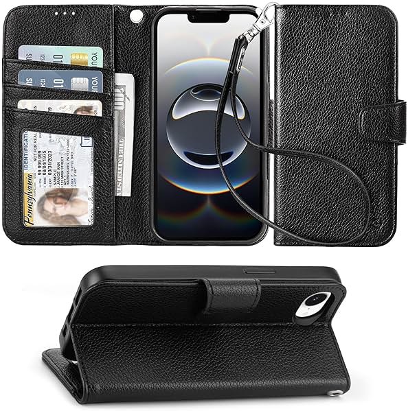 Arae Compatible with iPhone 17e/16e Case Wallet with Card Holder,Wristlet Strap Wallet Flip Cover for iPhone 17e/16e 6.1 inch Men/Women, RFID Blocking, Kickstand,Litchi Black - Product Image