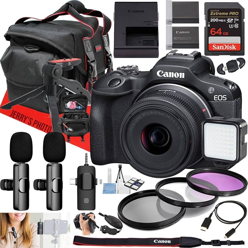 Canon EOS R100 Mirrorless Camera with RF-S 18-45mm f/4.5-6.3 is STM Lens + Dual Wireles Microphones + 64 GB Memory + Extra Battery + LED Light + More (23pc Bundle) (Renewed) - Product Image