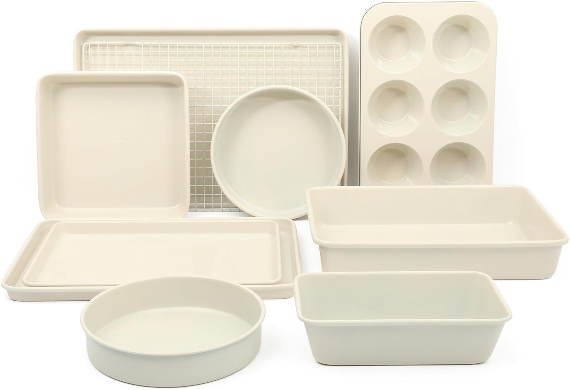 Martha Stewart Gallen 10 Piece Baking Pans Ceramic PFA Free Non Toxic Non Stick Bakeware Set - Linen White - Product Image