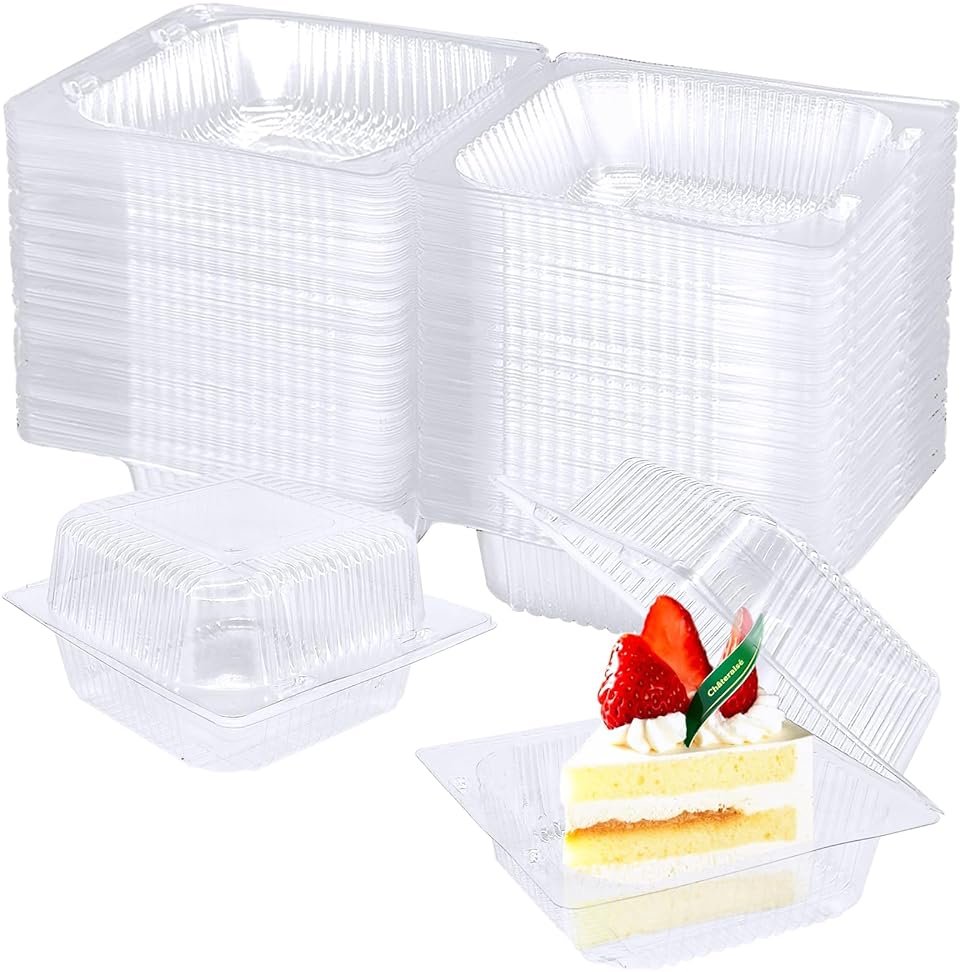 Jgalnim 100 Pack Clear Plastic Square Hinged Food Clamshell Container,Disposable To Go Cake Slice Container,Clear Plastic Clamshell Food Containers for Cookies, Desserts, Fruits, Salads, Sandwiches - Product Image