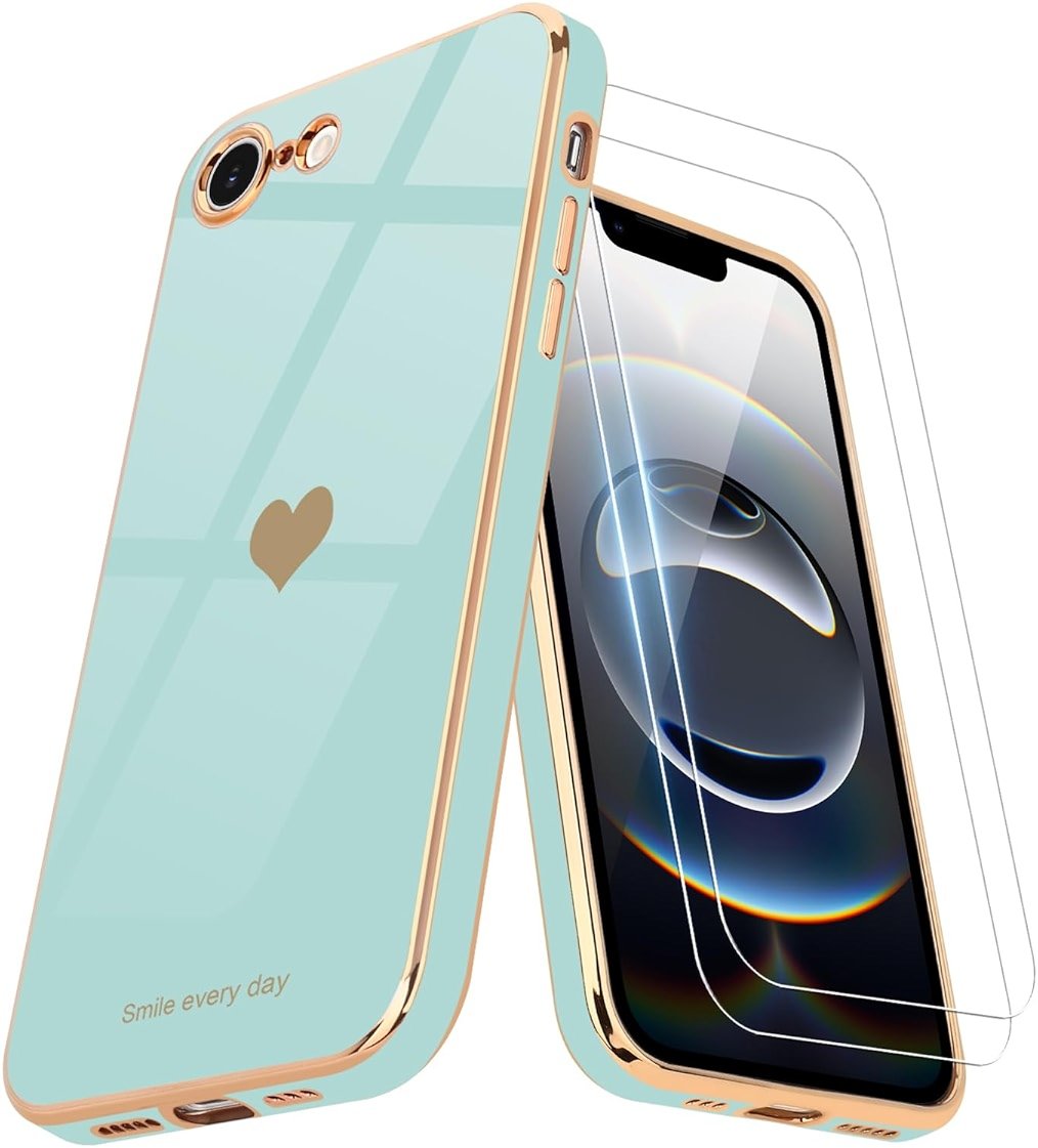 Teageo for iPhone 16e Case/for iPhone 17e Case with Screen Protector [2 Pack] for Girl Women Cute Girly Love-Heart Luxury Gold Soft Cover Camera Protection Silicone Shockproof Bumper, Pearl Aqua - Product Image