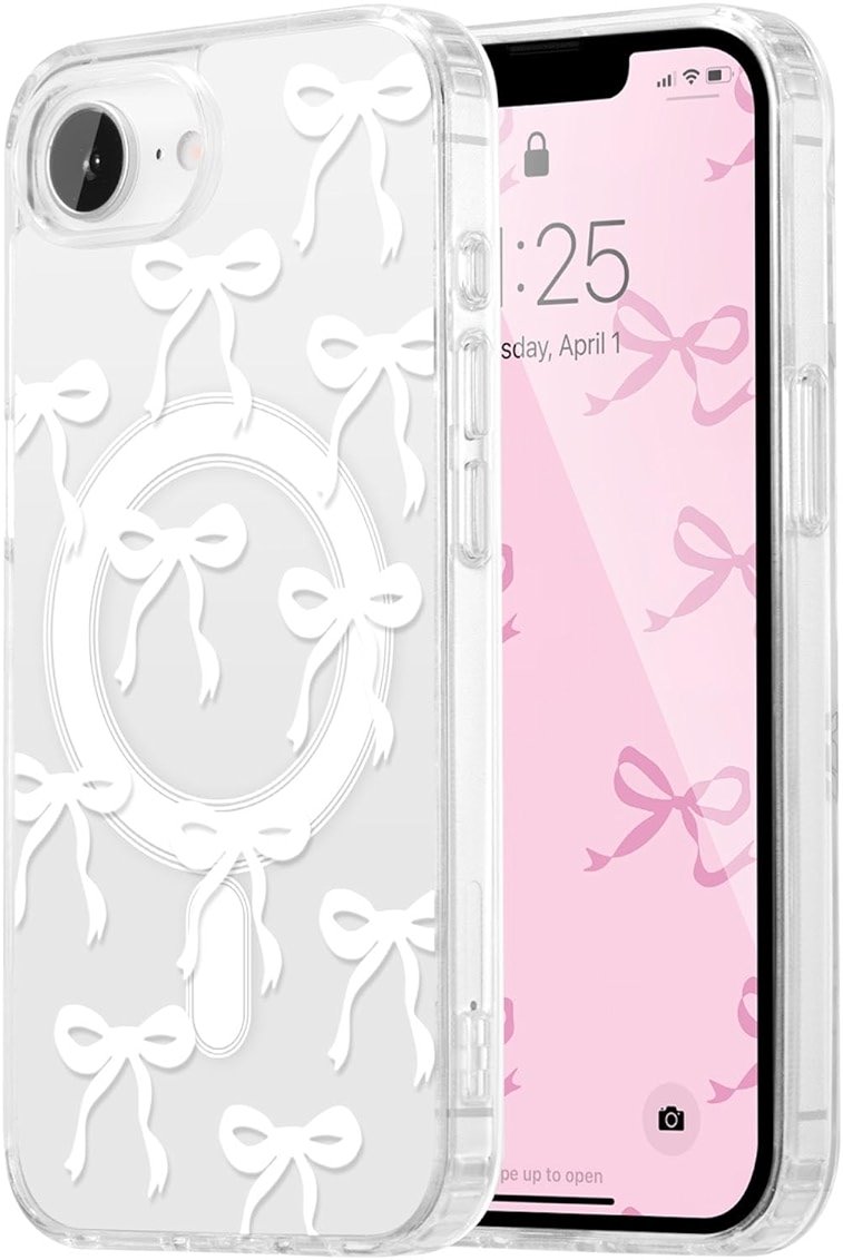 UEEBAI Magnetic for iPhone 17e/iPhone16e Case, Bow Case Compatible with MagSafe, Wireless Slim Clear Ribbon Aesthetic Phone Cover Anti-Yellowing Shockproof Protective Cover for Women Girl - White - Product Image