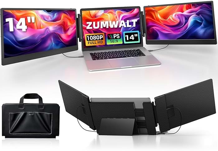 ZUMWALT Laptop Screen Extender, 14" Triple Portable Monitor for Laptop, 1080P FHD Screen Extender Monitors for 13"-16.5", Monitor Extender for MacOS/Windows/Chrome (Built-in Speakers) - Product Image