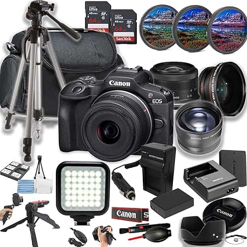 Canon EOS R100 Mirrorless Camera w/18-45mm STM Lens + LED Light + 128GB Memory + Lenses + Filters + Case + Tripod + Grips + Added Power, and More (28pc Bundle) (Renewed) - Product Image