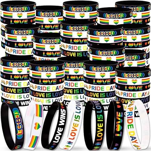 Moon Boat 144PCS Pride Month Wristbands Bulk: Rainbow Silicone Rubber Gay Bracelets Accessories for LGBT Parade, Party Favors, Decorations Giveaways - Product Image