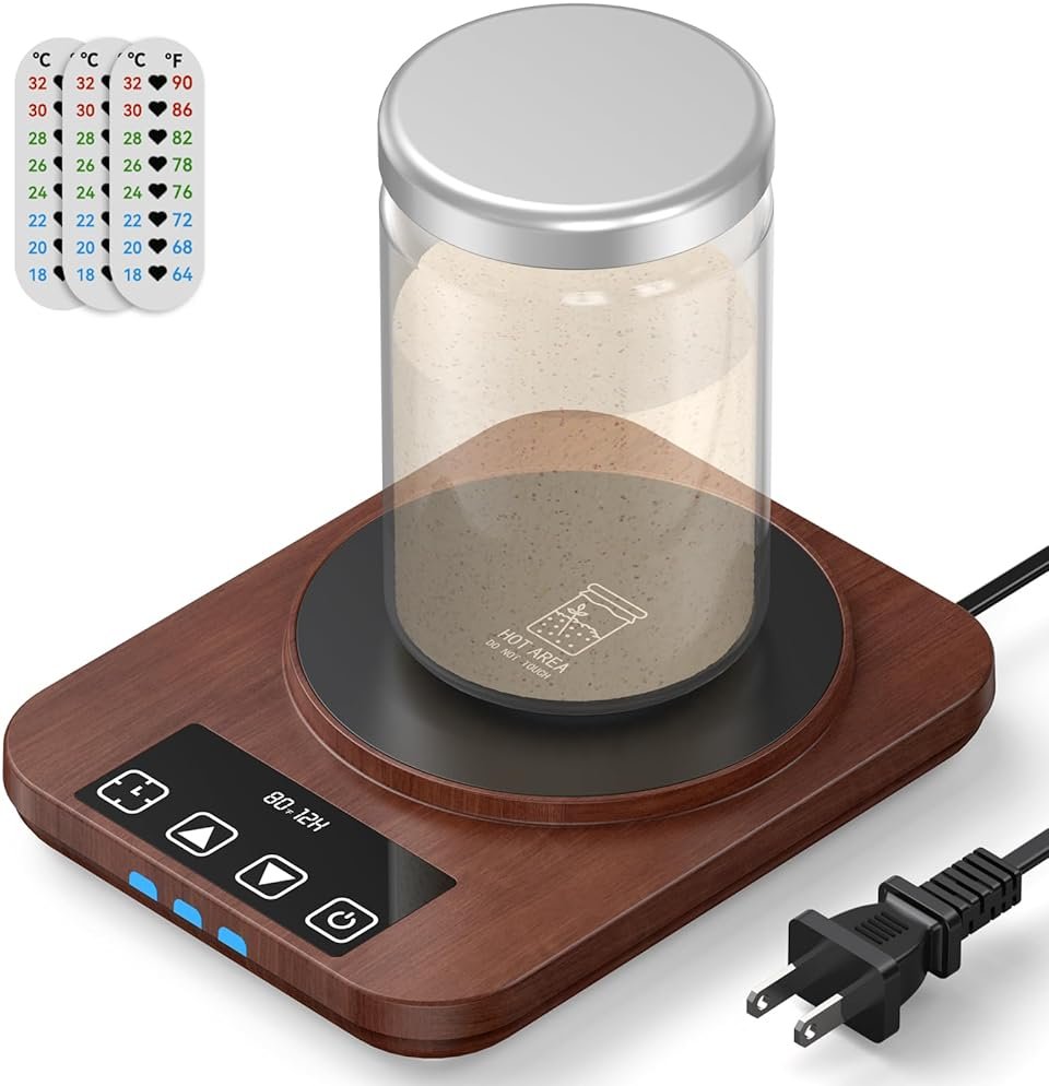 JawJuly Sourdough Starter Warmer (70-100°F), 1°F Adjustable Sourdough Warming Mat, Waterproof Thermometer Strip, 24H Timer & Auto Shutoff, Safe for Home Bakers & Beginners (US Plug) - Wood Grain - Product Image