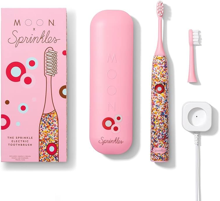 Moon x Sprinkles Sonic Electric Toothbrush, Quiet & Waterproof Rechargeable Toothbrush for Sensitive Gums, 5 Cleaning Modes, 36,000 Vibrations, 6 Week Battery, Includes 2 Brush Heads & Travel Case - Product Image
