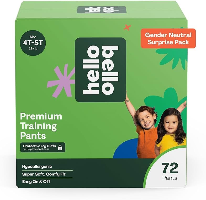 Hello Bello Premium Training Pants, Size 4T-5T (38+ lbs) Surprise Pack - 72 Count, Hypoallergenic with Soft, Cloth-Like Feel - Assorted Gender Neutral Patterns - Product Image