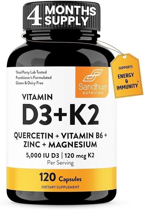 Sandhu's Vitamin D3 K2 Magnesium 5000 IU, 120mcg K2 Capsules 120 Count (Pack of 1) | with VIT B6, Zinc & Quercetin | D3K2 Supports Superior Absorption, Energy, Immune, Muscle Health for Men & Women - Product Image