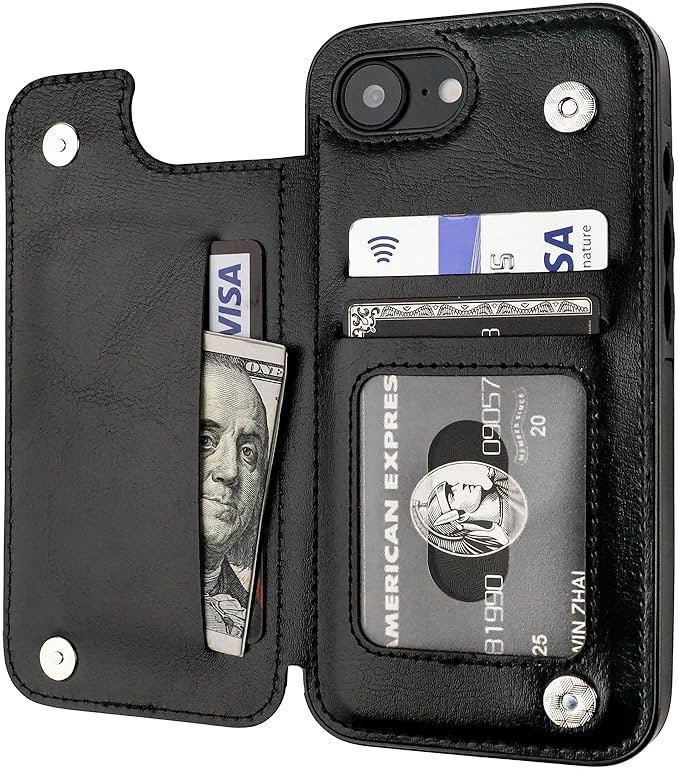 ONETOP Compatible with iPhone 17e/16e Wallet Case with Card Holder, PU Leather Kickstand Card Slots Case, Double Magnetic Clasp and Durable Shockproof Cover 6.1 Inch (Black) - Product Image