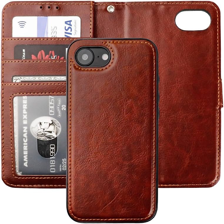 Bocasal Detachable Wallet Case for iPhone 17e/16e RFID Blocking Card Slots Holder Premium PU Leather Magnetic Kickstand Shockproof Wrist Strap Removable Flip Protective Cover 6.1 Inch 5G (Brown) | RFID Blocking - Product Image