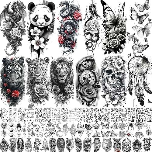 66 Sheets Snake Rose Flower Temporary Tattoos For Women Girls, Dragon Panda Florals Half Arm Sleeve Tattoo Sticker Dreamcatcher Floral, Skull Temp Butterfly Fake Tattoos For Adults Lion Tiger Leopard - Product Image