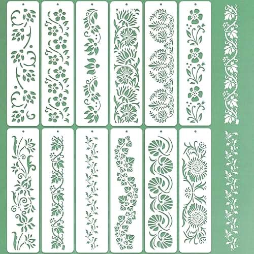12 Pcs Large Flower Border Stencils for Painting, Reusable Plastic Floral Edge Baking Decorating Vine Stencil Tool, Painting Templates for DIY Cake Wood Wall Tile Furniture Canvas Craft, 3" x 11.8" - Product Image