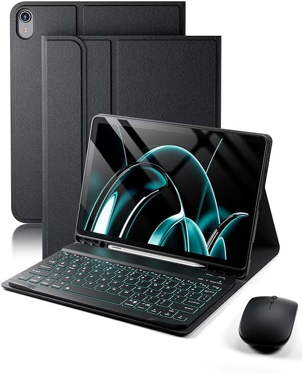 TUNKARMOR for iPad A16 11th / 10th Generation Case with Backlit Keyboard - 7 Color Change for iPad 10th Gen 2022 & 11th Gen 2025 A16 10.9/11 inch Cover - Built-in Pencil Holder with Mouse - Black - Product Image