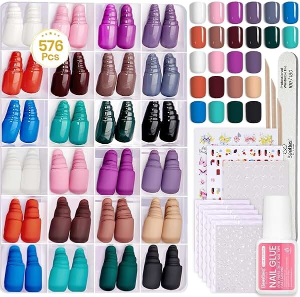 Beetles Press on Nails Kit 576Pcs 24 Colors, Short Square Press on Nails Glossy Matte With Nail Glue & Nail Tabs Stickers, Natural Fit Lightweight Fake Nails Kit Art For Women - Product Image