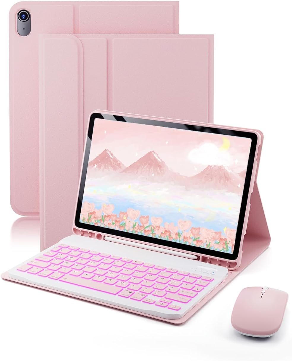 TUNKARMOR for iPad A16 11th / 10th Generation Case with Backlit Keyboard - 7 Color Change for iPad 10th Gen 2022 & 11th Gen 2025 A16 10.9/11 inch Cover - Built-in Pencil Holder with Mouse - Pink - Product Image