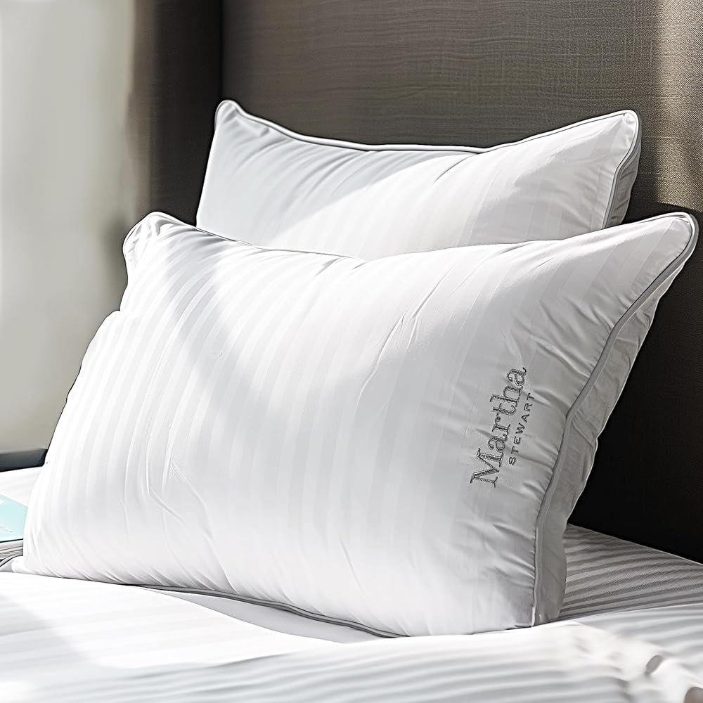 Martha Stewart Hotel Collection Pillow 500 Thread Count Damask Stripe Embroidered Feathers Soft Hypoallergenic 100% Cotton Queen Size Set of 2 - Product Image