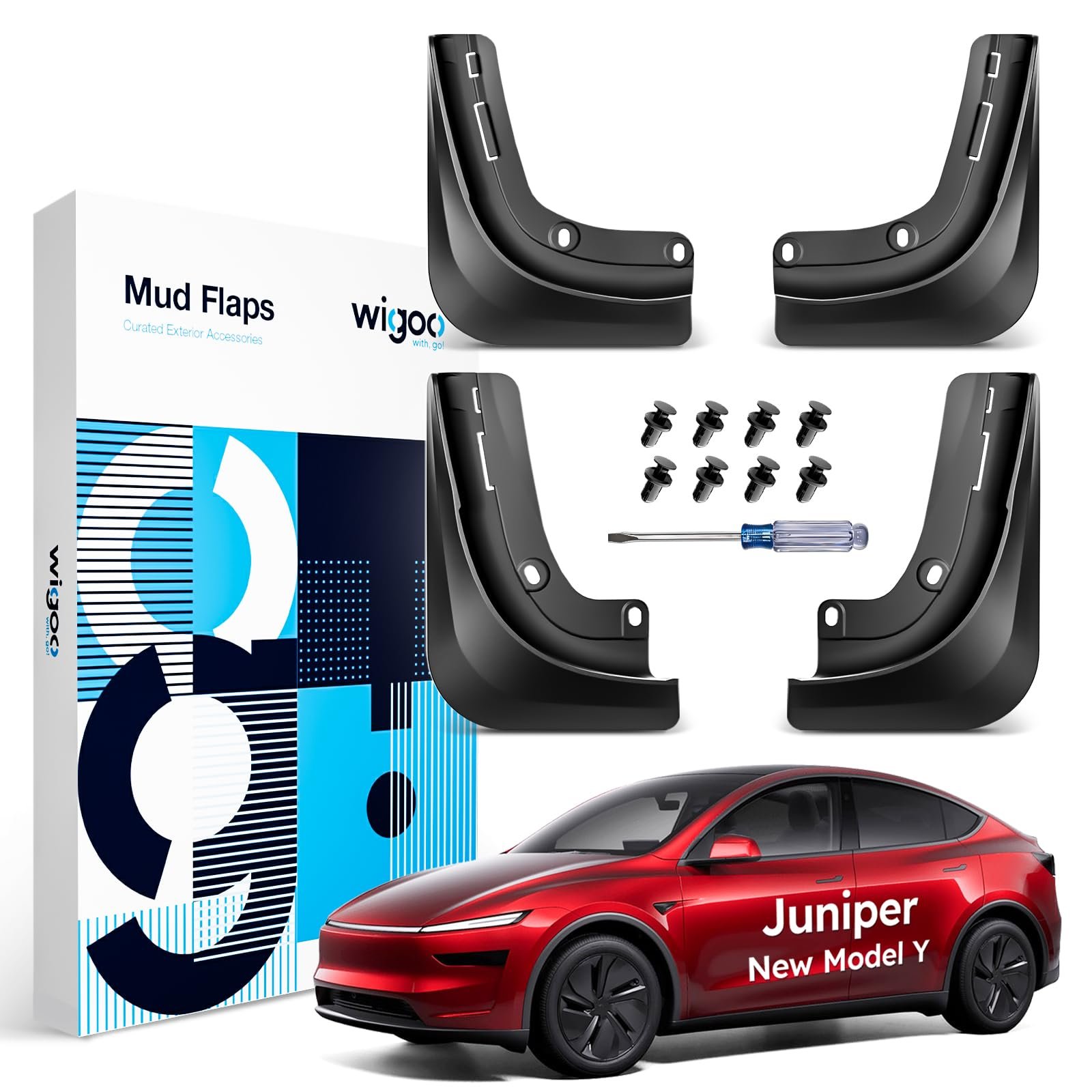 Wigoo 2026 New Tesla Model Y Juniper Accessories Mud Flaps No Drilling [Stay Clean, Protect Paint] All Weather Guards Body Kits for Tesla New Model Y 2025 2026 Juniper, Thicker Version (Set of 4) - Product Image