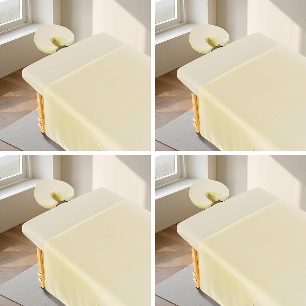 FAHKNS 4 Sets Premium Microfiber Massage Table Sheets Set, 3 Piece Set Ultra-Light Massage Table Cover, Soft Massage Sheets Sets Include Flat Sheet, Fitted Sheet, and Massage Face Rest Cover, Beige - Product Image