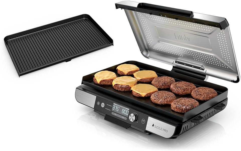 Ninja Sizzle Pro XL 20-Inch Indoor Griddle + Grill, Detachable Ventilated Lid, Grease Control, Ceramic Nonstick Plates, Even Edge Cooking, Extra Large Capacity, Versatile, Silver, GX101 - Product Image