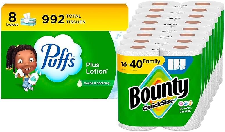 Bounty Paper Towels Quick Size, White, 16 Family Rolls = 40 Regular Rolls (Packaging May Vary) + Puffs Plus Lotion Facial Tissues, 8 Family Boxes, 124 Facial Tissues per Box - Product Image
